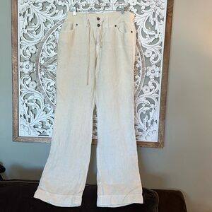 Pure Color Drawstring w Button Zip Linen Cream Trouser Pants sz 31 EUC